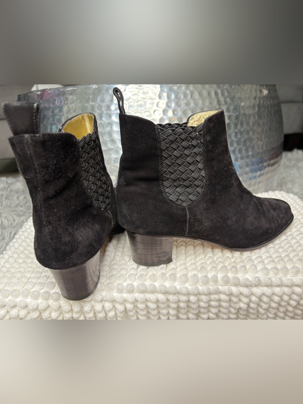VTG Bottega Veneta Italy Black Suede Woven Chelsea Ankle Boots Booties 6.5B